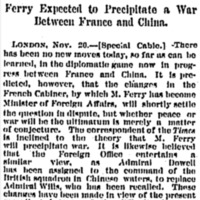 The War Cloud: Ferry Expected to Precipitate a War between France and China.
